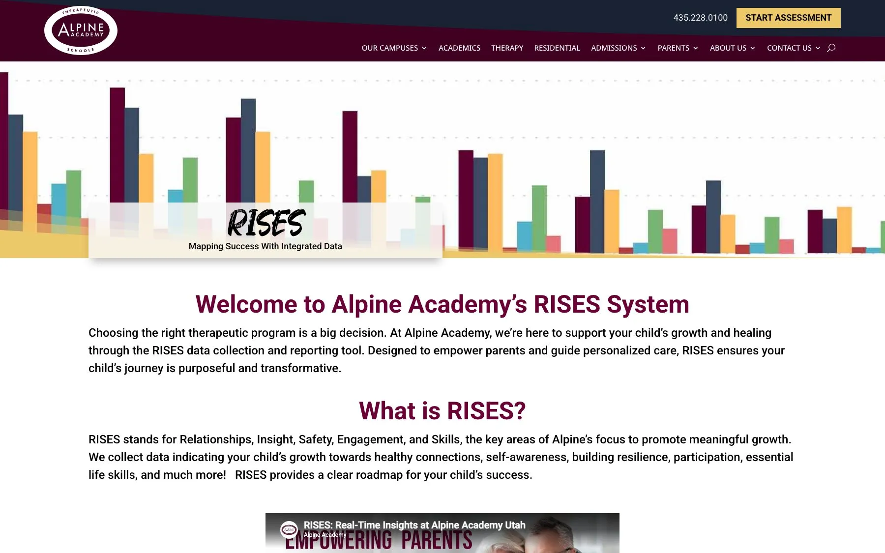 The RISES page introduces the data dashboard parents use to follow their child's progress in real time.