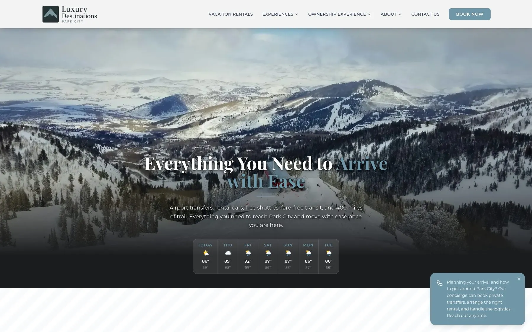 The arrival guide covers transfers, shuttles, and trail access, and folds in a live seven day forecast.