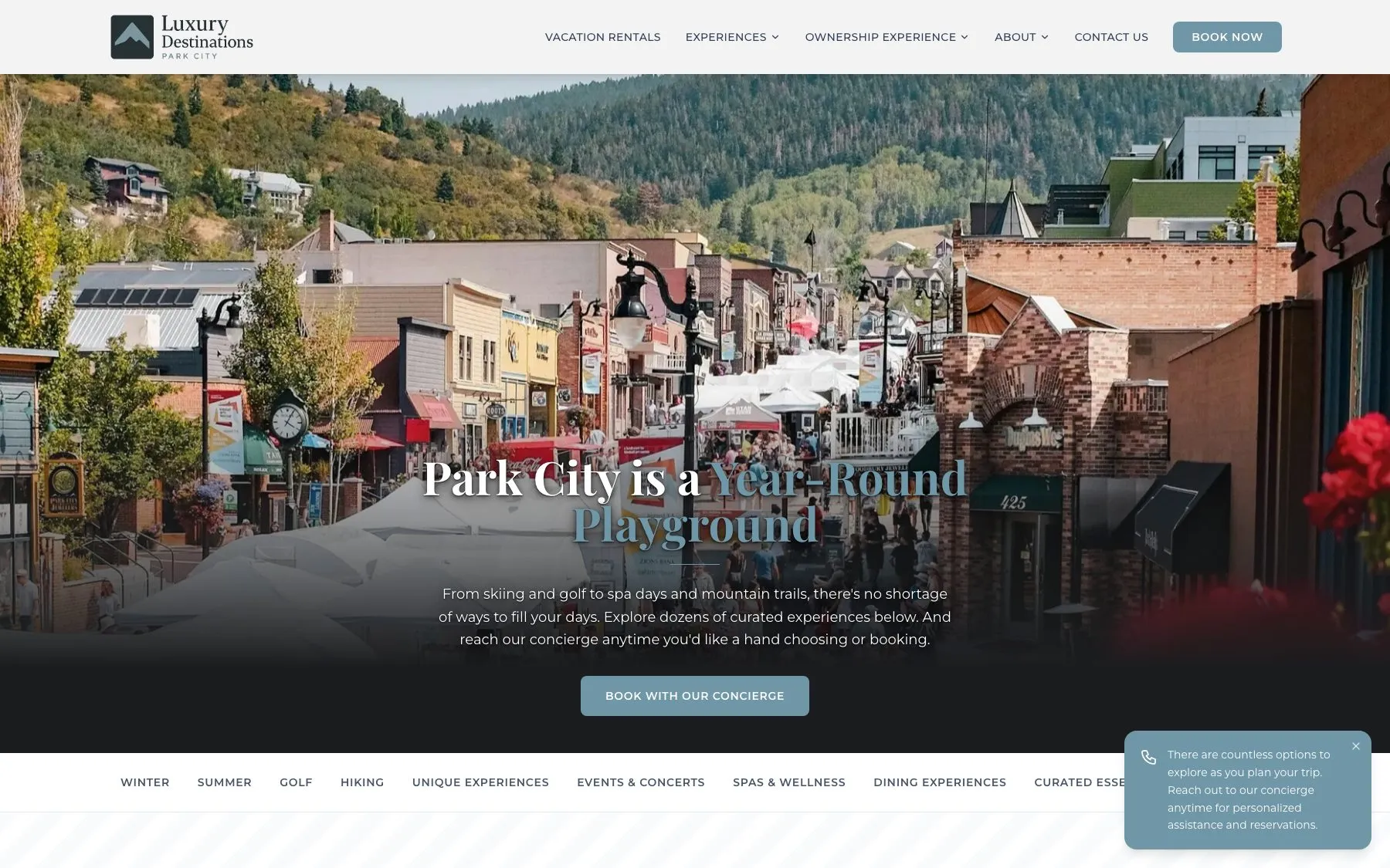 The experiences guide organizes Park City by season and category, with the concierge one tap away.
