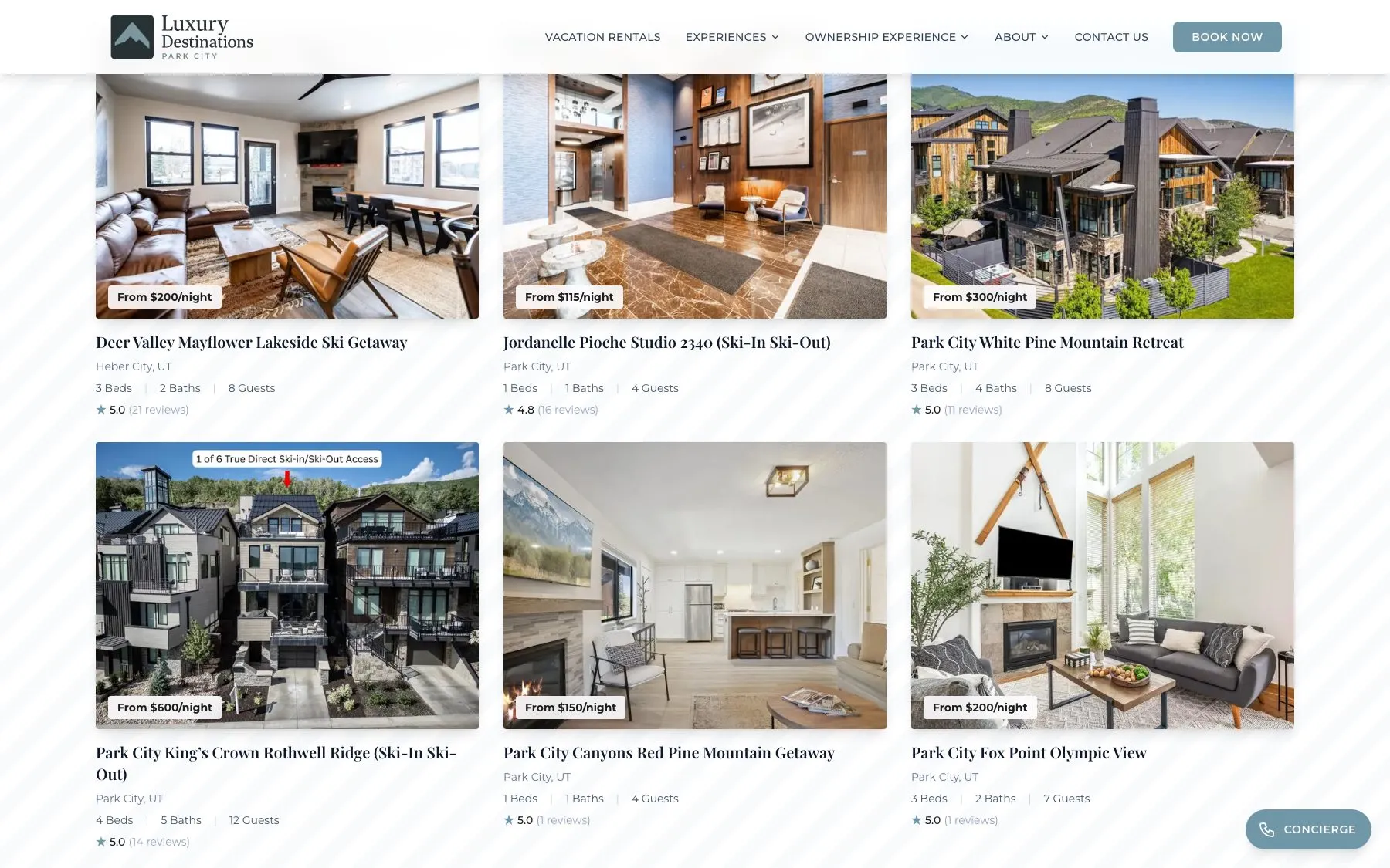 The properties grid pulls live listings from Hostaway, with nightly rates, capacity, and review scores on every card.