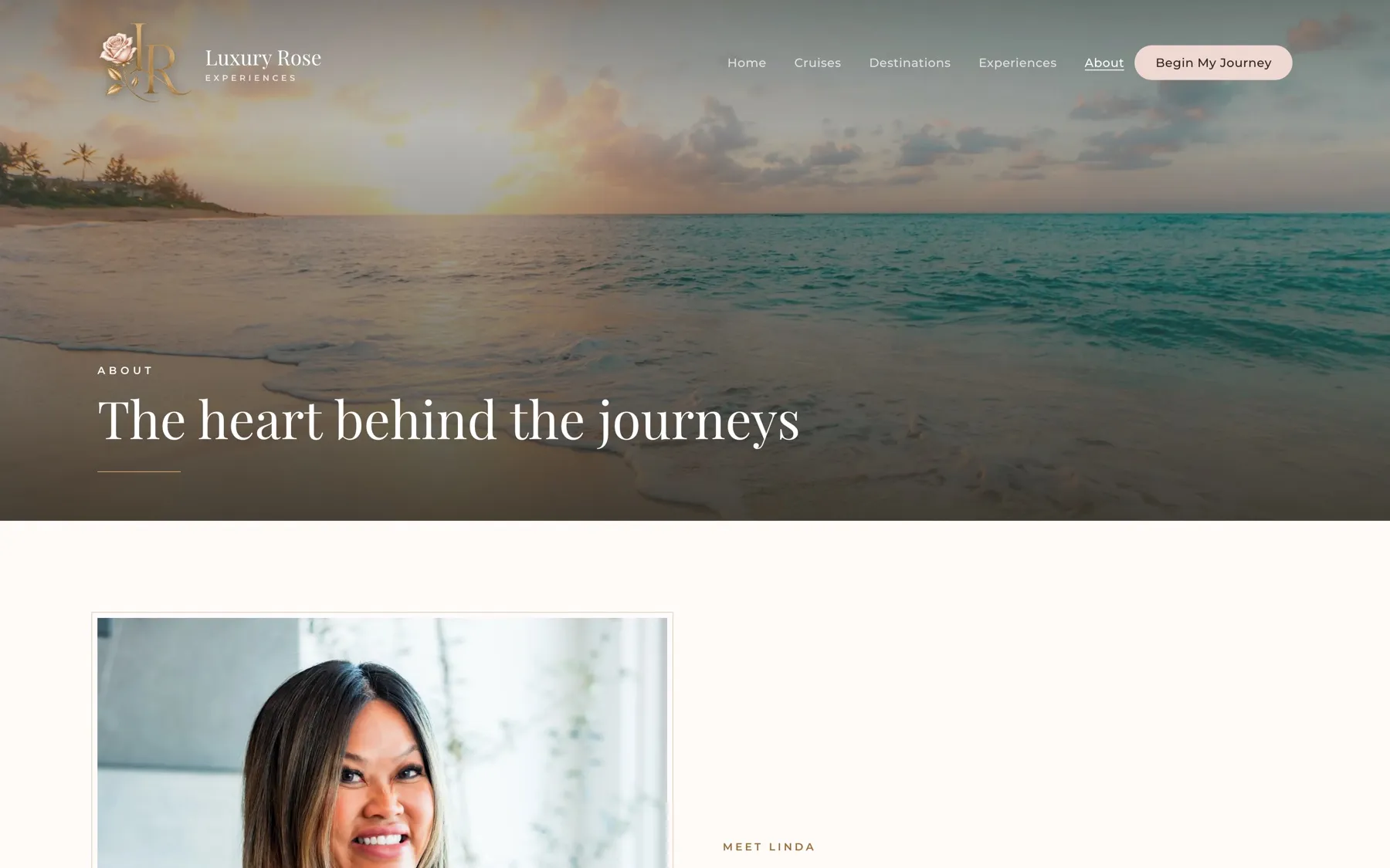 The founder story introduces Linda and the philosophy that the best trips are designed, not booked.
