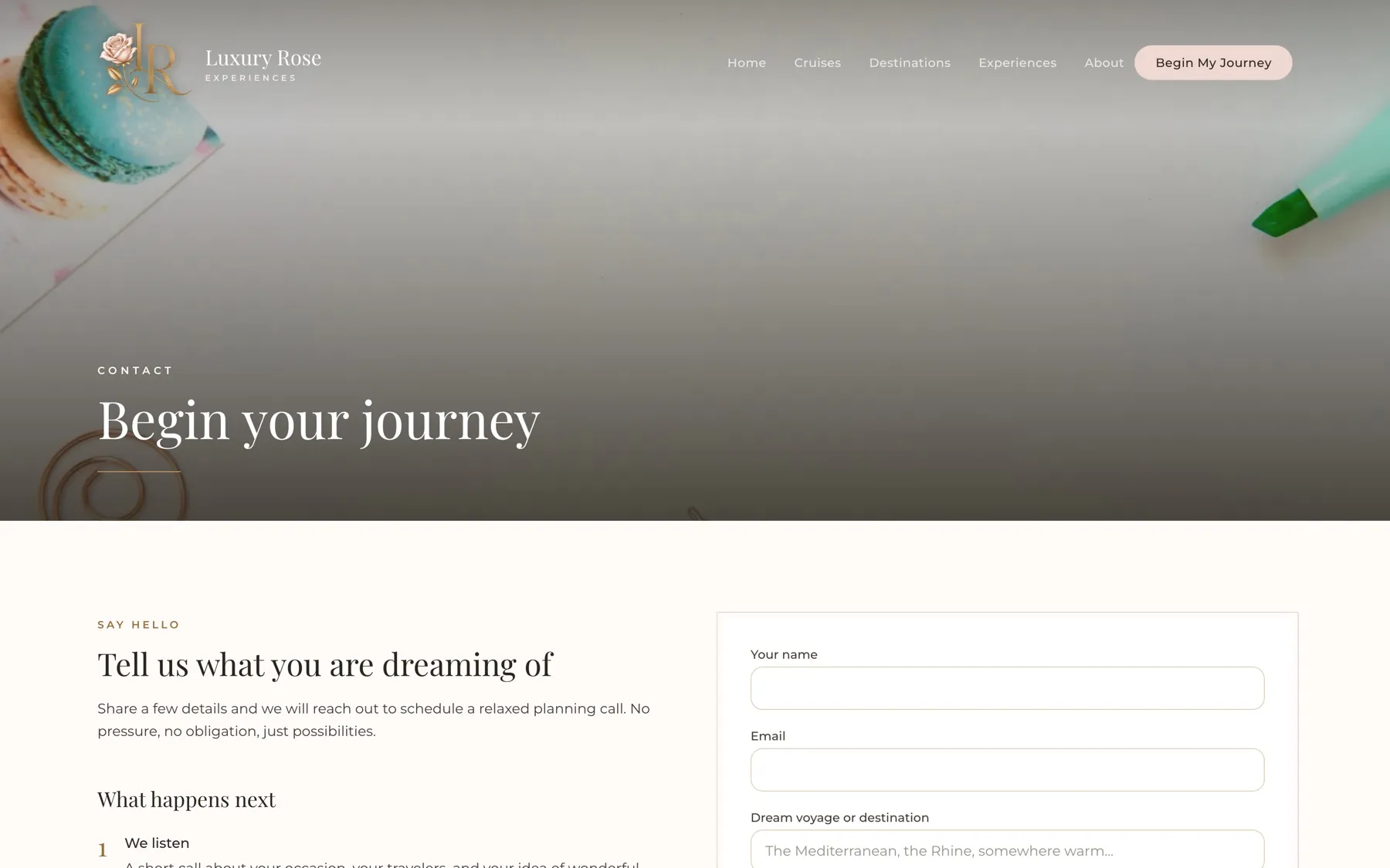 The inquiry form captures destination, dates, and budget, so every conversation starts prepared.