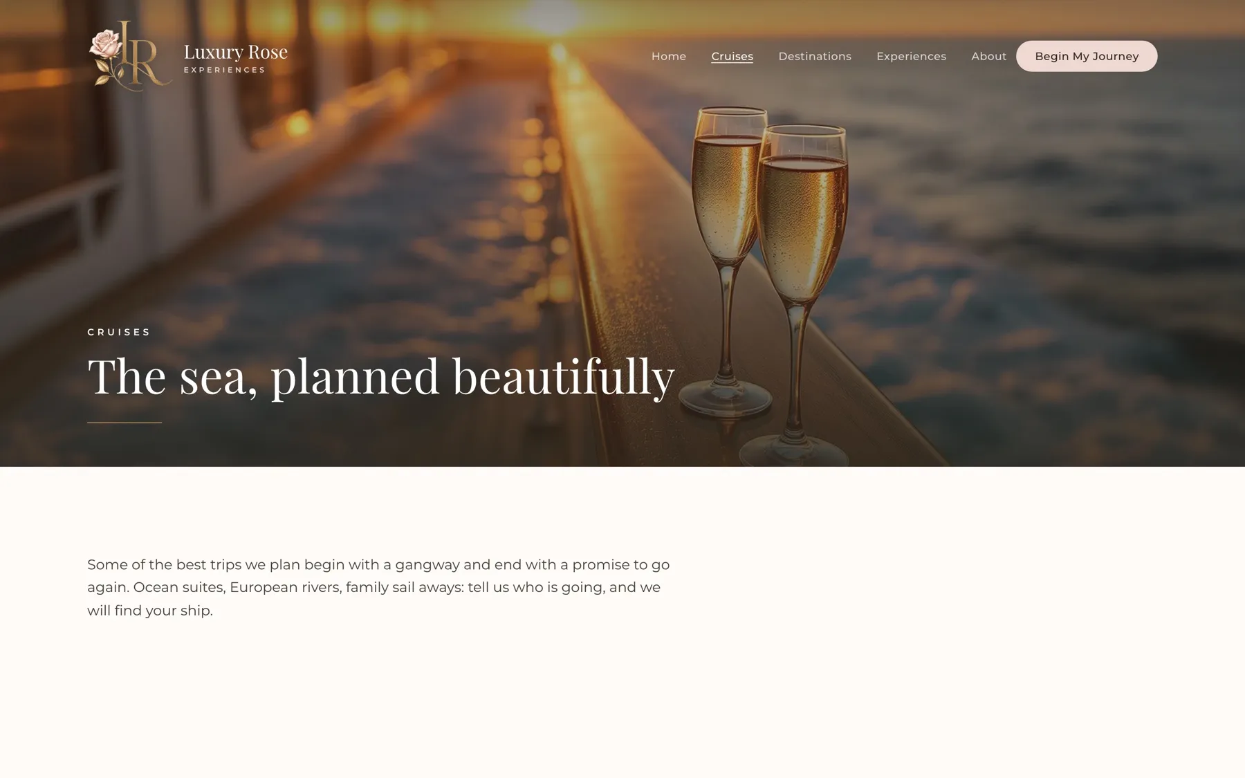 The cruises page opens on deck at golden hour, then introduces the three collections: Luxury at Sea, River Journeys, and Family at Sea.