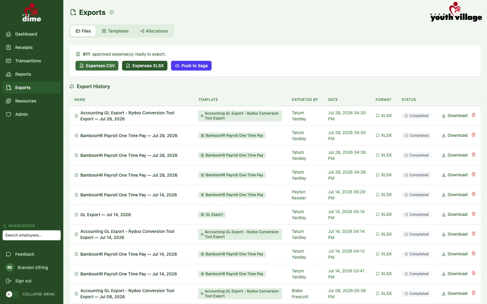Approved expenses push straight to Sage with one click, or export through finance-built CSV and Excel templates.