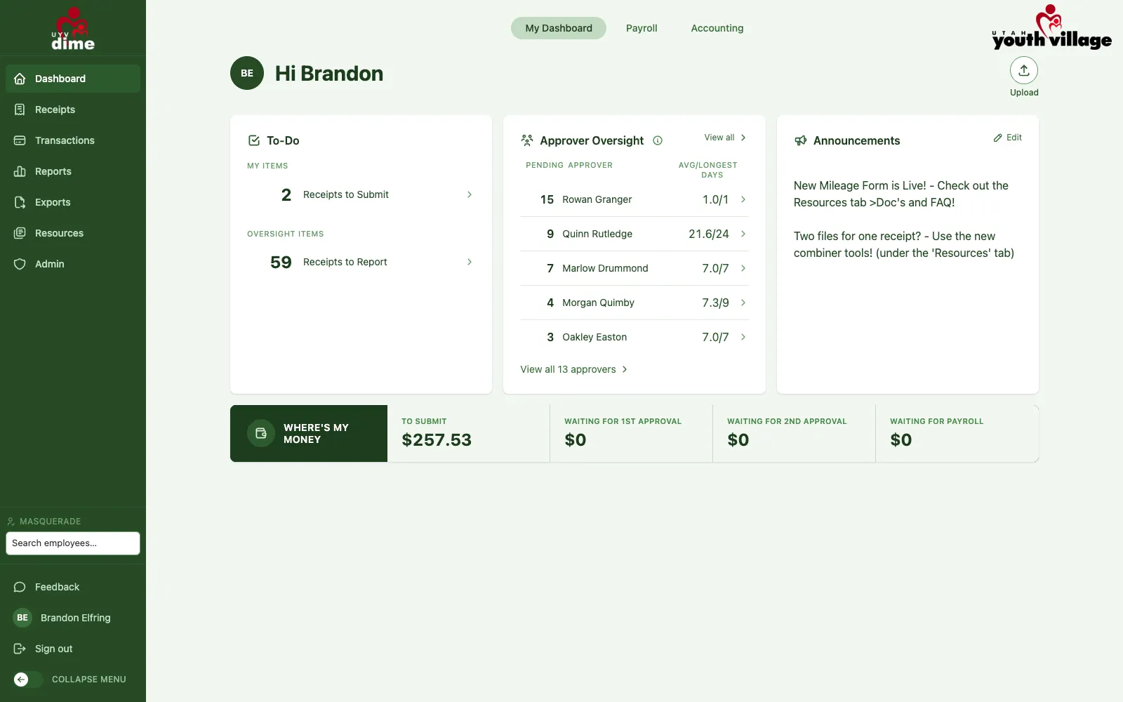 Each employee gets a personal dashboard that answers the question finance hears most: where's my money?