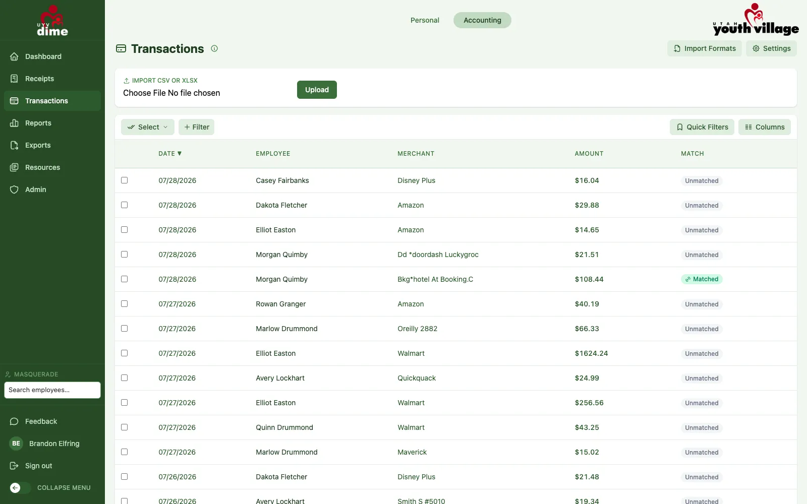 Imported credit card statements match themselves to submitted receipts by amount, date, and merchant.