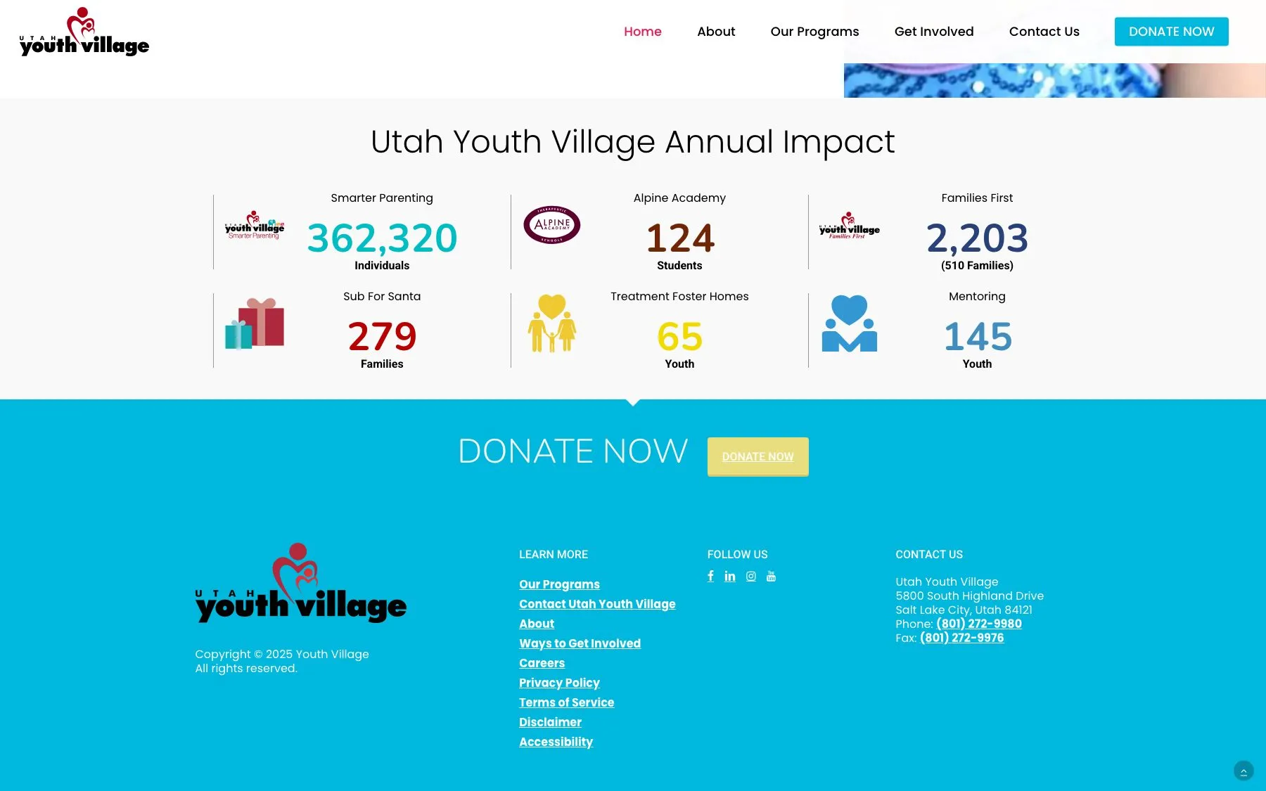 The annual impact dashboard rolls up numbers across every division, from 362,320 Smarter Parenting individuals to 65 foster youth.